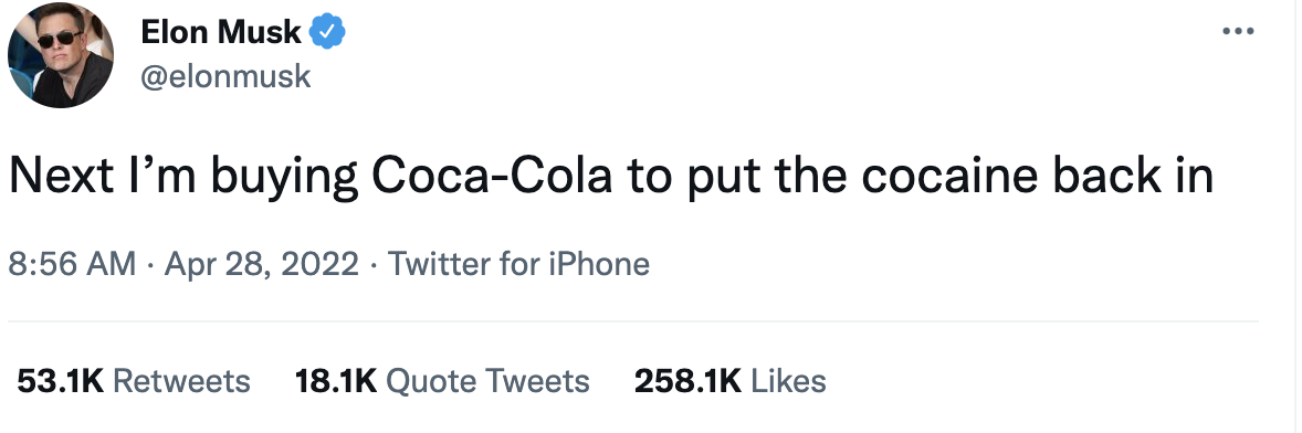 继社交网站推特4月25日宣布已与特斯拉CEO埃隆·马斯克达成收购协议后，马斯克28日又在推特上疑似锁定了“新目标”——收购美国消费品巨头可口可乐公司。